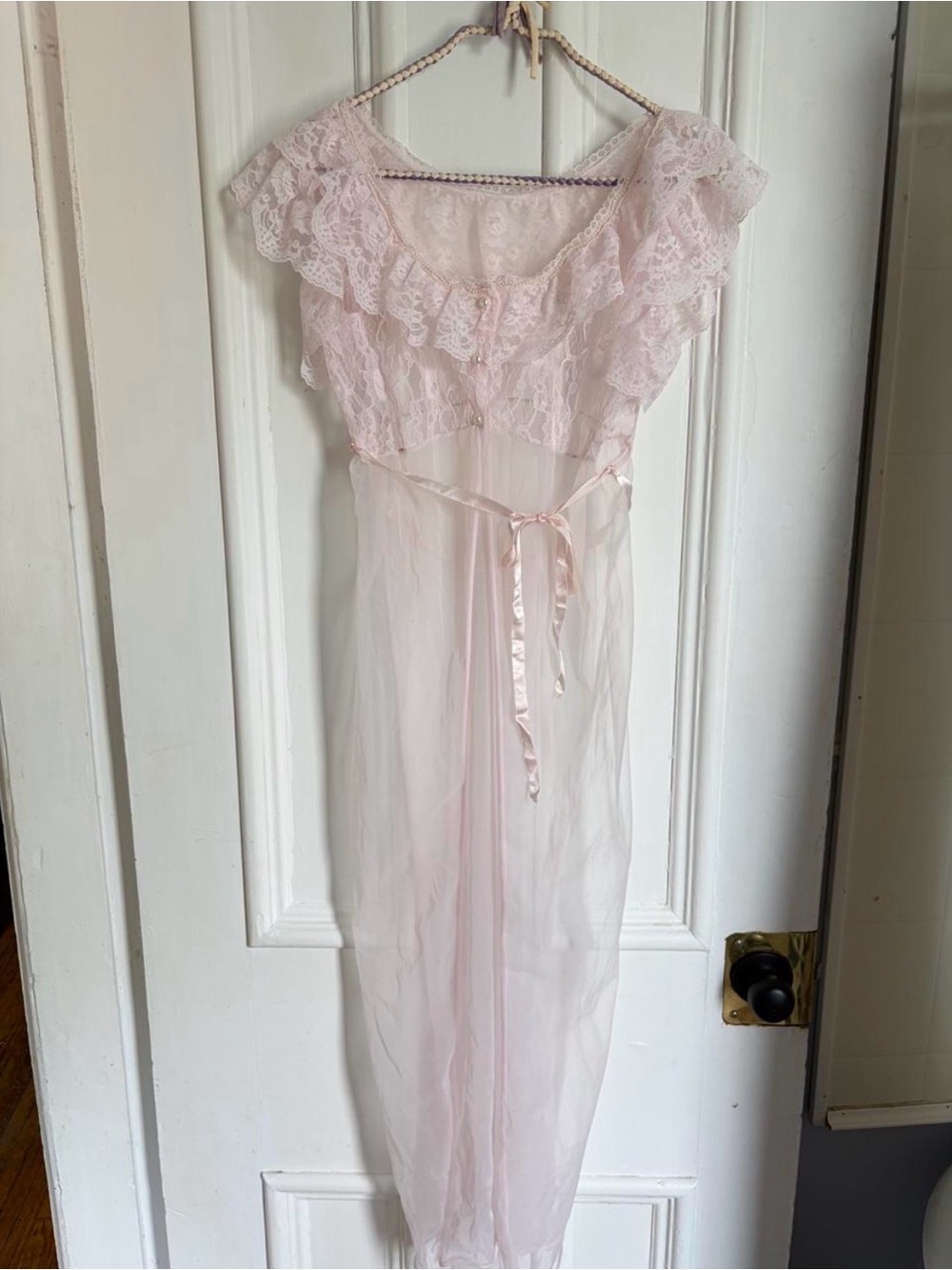 Vintage Babydoll Sheer Lace Ruffle Nightgown - Light Pink